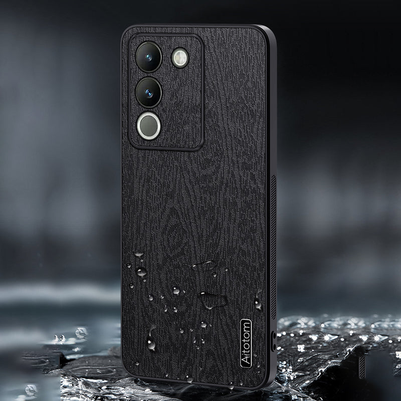 For vivo Y200 (India) 5G Cell Phone Case Wood Grain PU+PC+TPU Drop Resistant Cover - Black For vivo Y200 (India) 5G Cell Phone Case Wood Grain PU+PC+TPU Drop Resistant Cover - Black